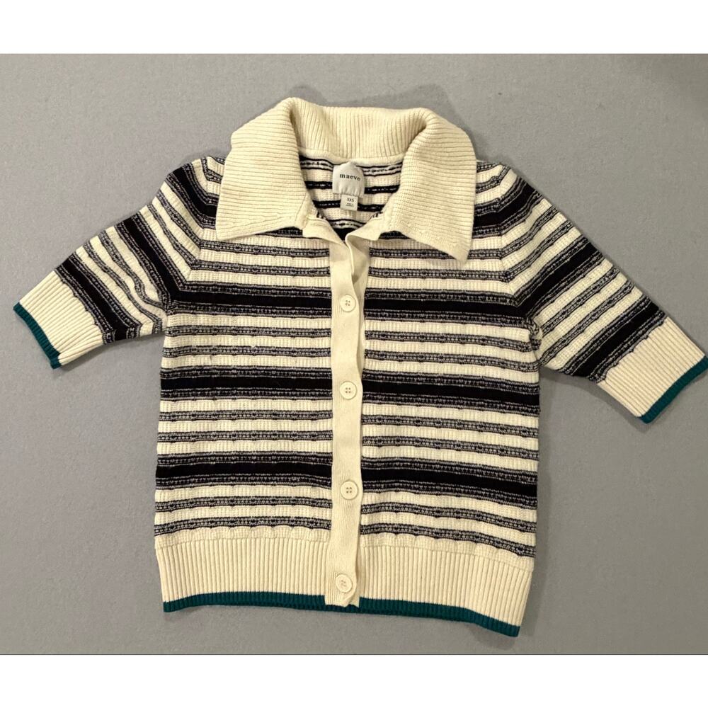 Maeve Anthropologie Striped Knit Polo Cardigan Sweater Black Cream Green Trim - Picture 3 of 9
